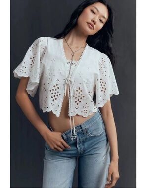 Anthropologie Maeve Tie-Front Eyelet Crop
Blouse White Cotton OS